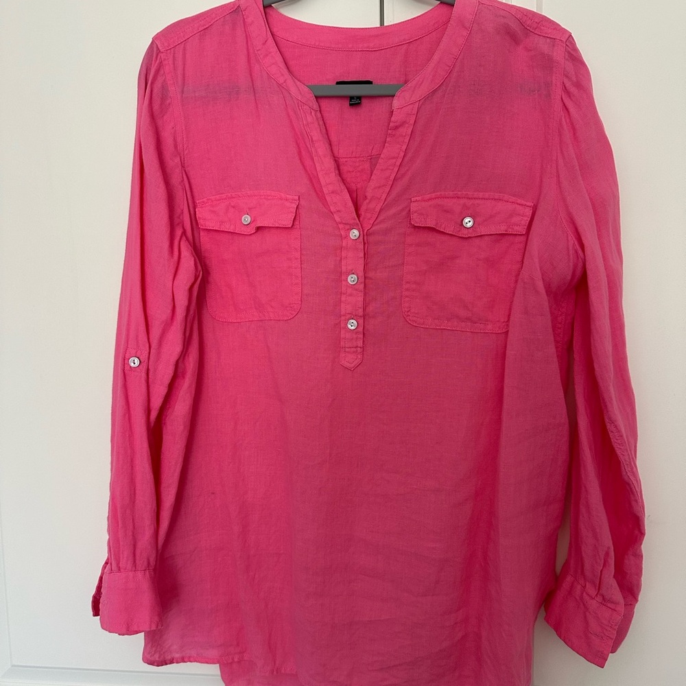 Talbots Vibrant Pink Linen Long Sleeve Blouse